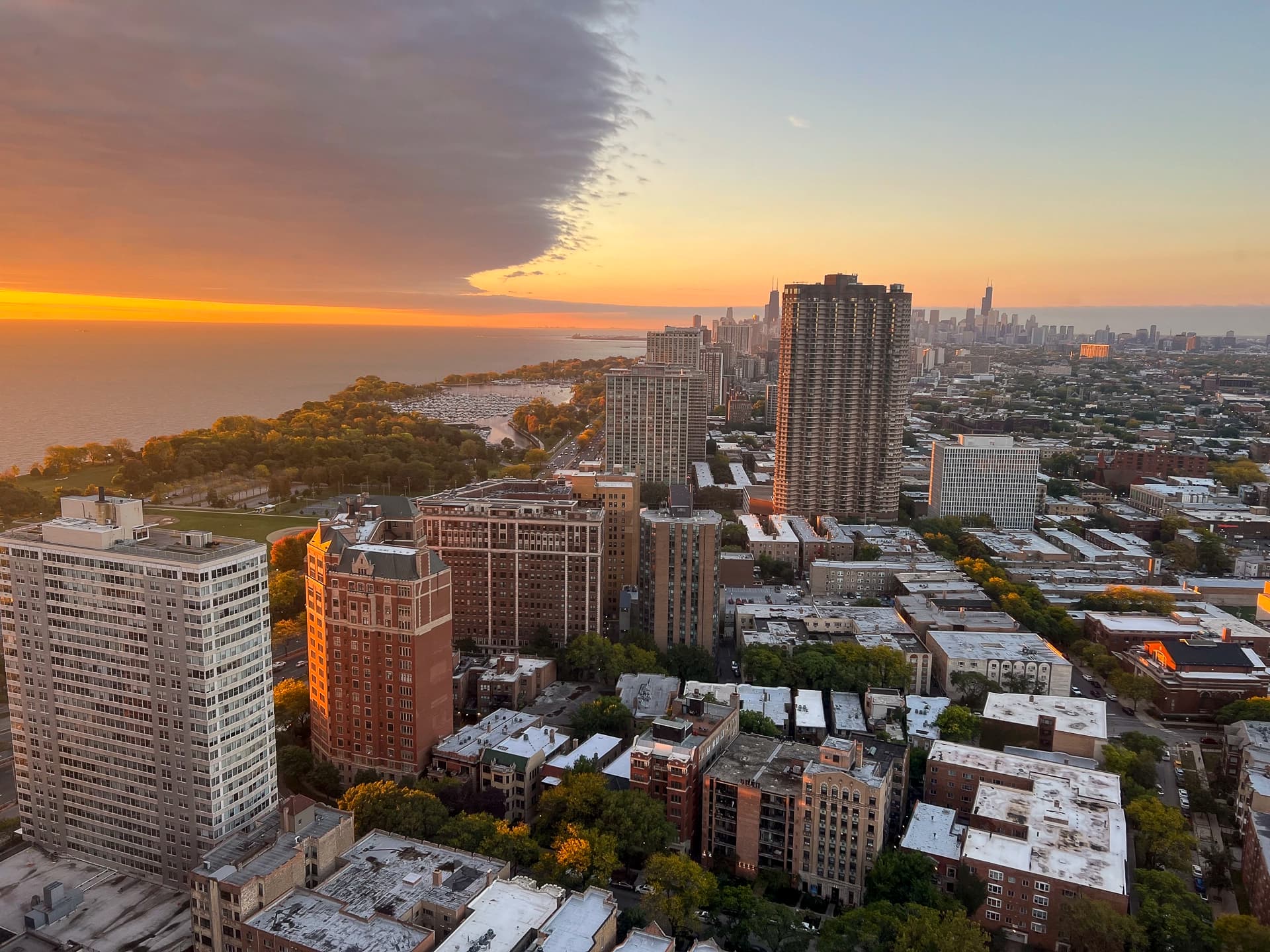 Chicago skyline at sunset over Lake Michigan